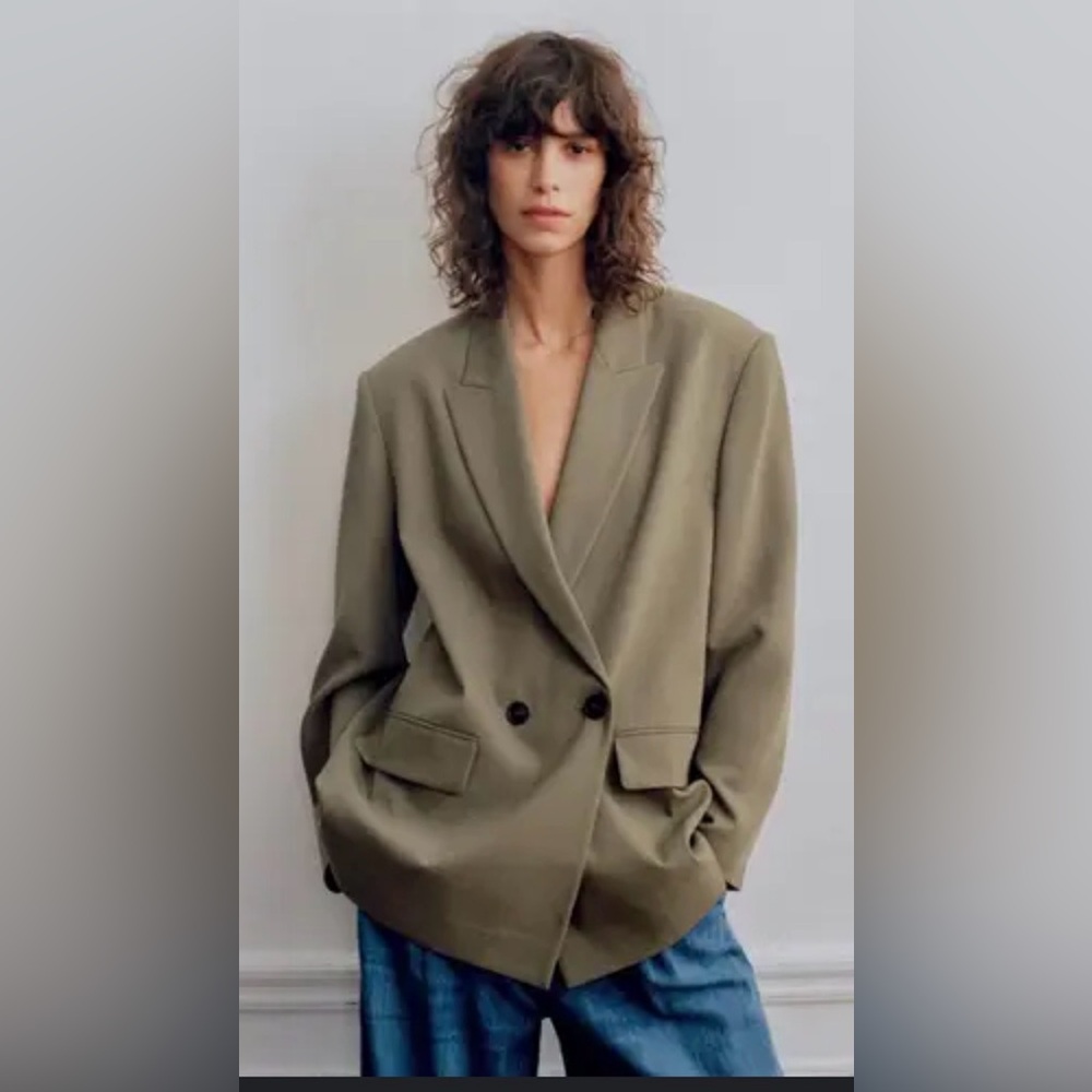 Zara Olive Green Double-Breasted Blazer